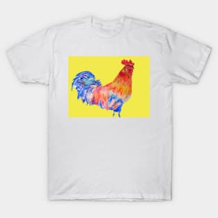 Rooster Chicken Watercolor Painting on Yellow T-Shirt